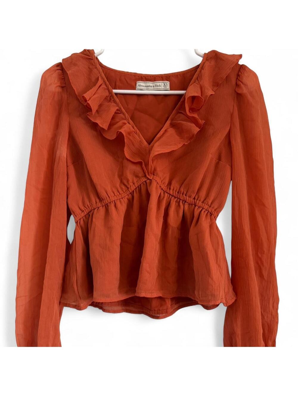 Abercrombie & Fitch Burnt Orange Baby Doll Ruffled Collar & Cinched Waist Blouse